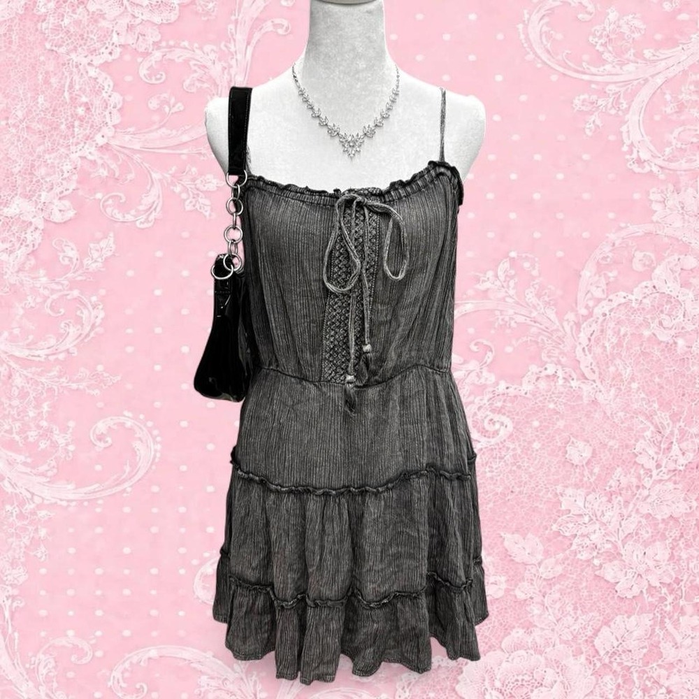 SALTY LEMON CHARCOAL TEXTURED TIERED SLIP DRESS